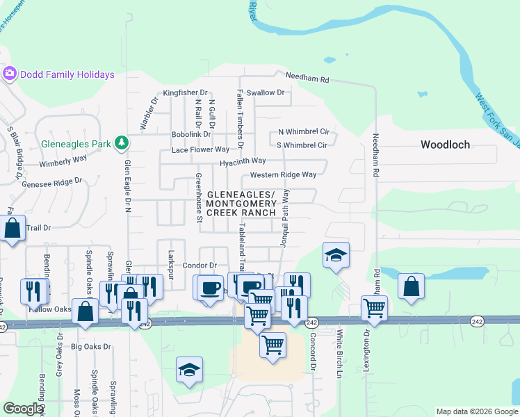 map of restaurants, bars, coffee shops, grocery stores, and more near 9920 Cassowary Drive in Conroe