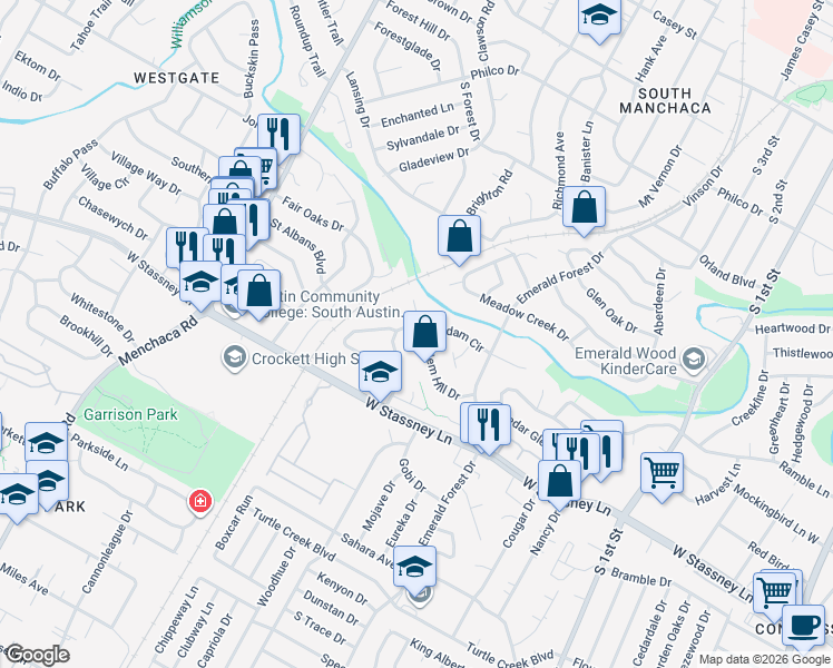 map of restaurants, bars, coffee shops, grocery stores, and more near 5400 Salem Hill Drive in Austin