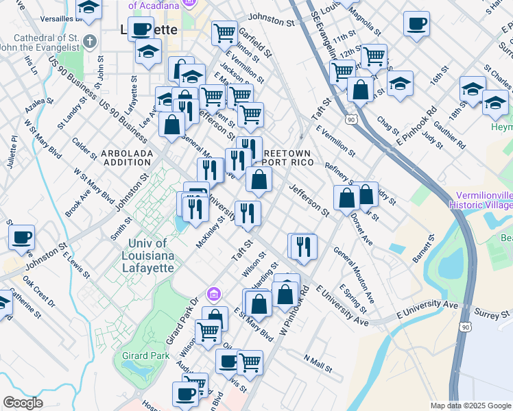 map of restaurants, bars, coffee shops, grocery stores, and more near 311 Roosevelt Street in Lafayette