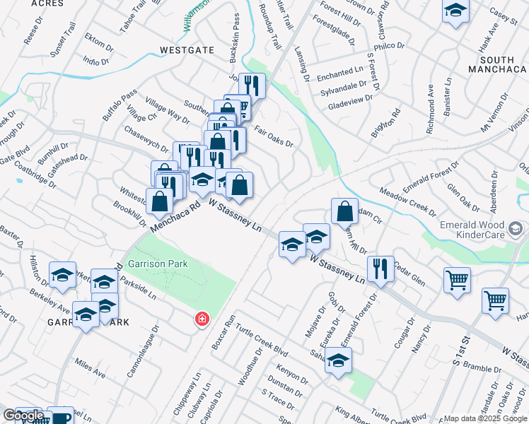map of restaurants, bars, coffee shops, grocery stores, and more near 5502 Rose Hill Circle in Austin