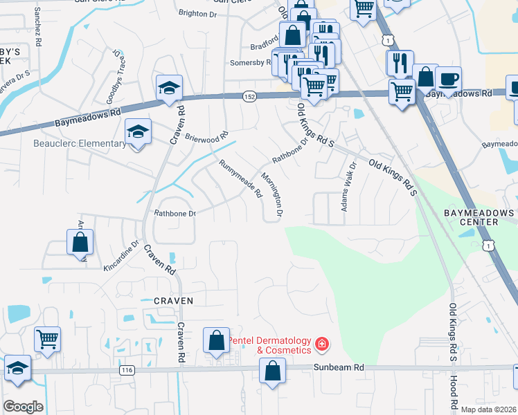 map of restaurants, bars, coffee shops, grocery stores, and more near 9140 Runnymeade Road in Jacksonville