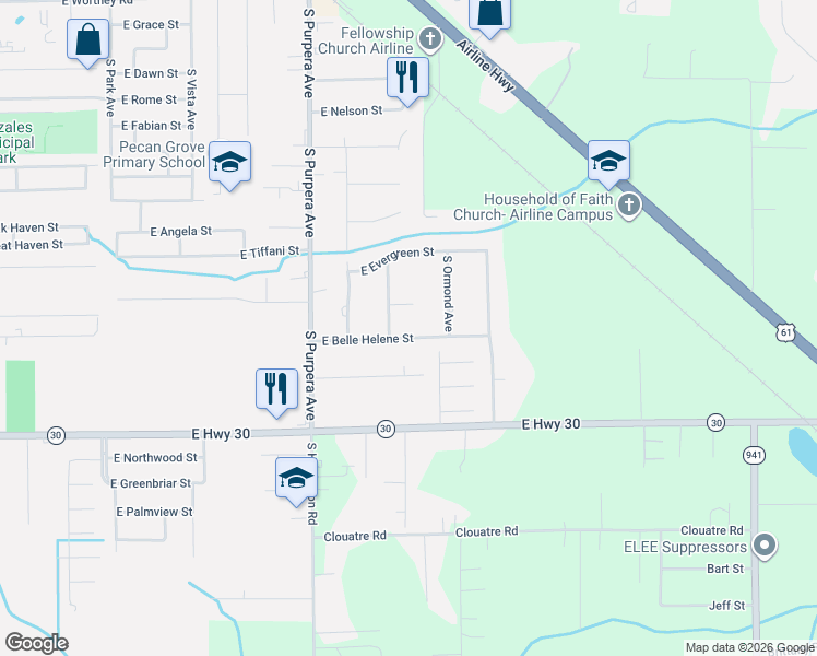 map of restaurants, bars, coffee shops, grocery stores, and more near 1824 E Belle Helene St in Gonzales