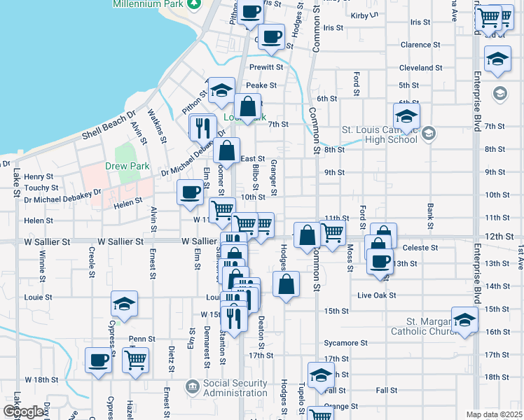 map of restaurants, bars, coffee shops, grocery stores, and more near 1815 Bilbo Street in Lake Charles