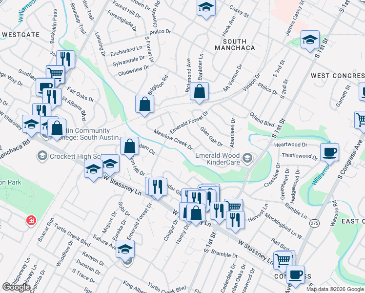 map of restaurants, bars, coffee shops, grocery stores, and more near 5213 Meadow Creek Drive in Austin