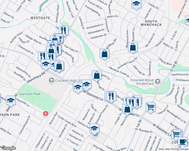 map of restaurants, bars, coffee shops, grocery stores, and more near 5400 Salem Hill Drive in Austin