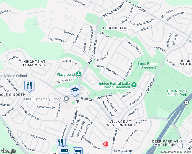 map of restaurants, bars, coffee shops, grocery stores, and more near 6106 La Naranja Lane in Austin