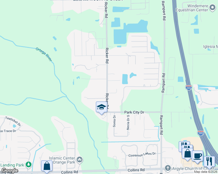 map of restaurants, bars, coffee shops, grocery stores, and more near 7373 Ricker Road in Jacksonville
