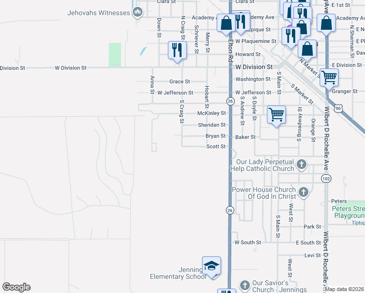 map of restaurants, bars, coffee shops, grocery stores, and more near 899 Scott St in Jennings
