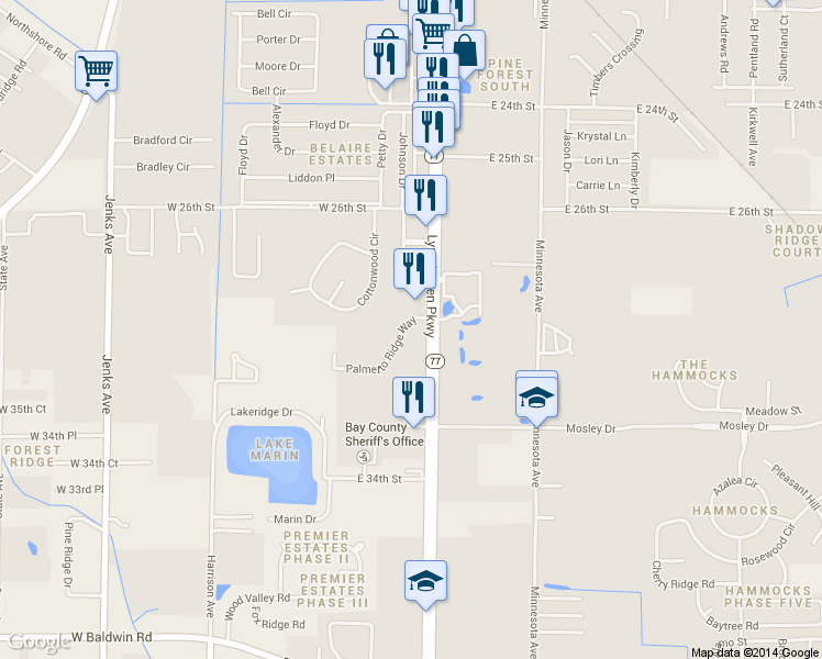 map of restaurants, bars, coffee shops, grocery stores, and more near Wilson Avenue in Panama City