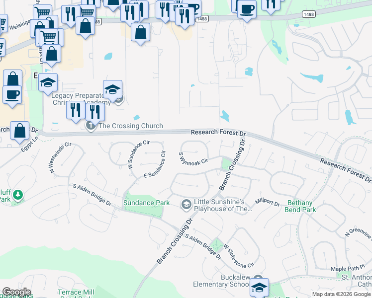 map of restaurants, bars, coffee shops, grocery stores, and more near 26 Almond Branch Place in Spring
