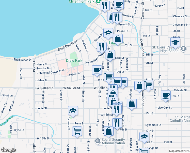 map of restaurants, bars, coffee shops, grocery stores, and more near 1817 Ethel Street in Lake Charles