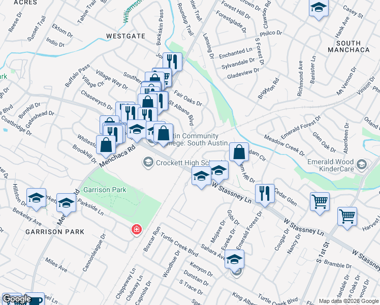 map of restaurants, bars, coffee shops, grocery stores, and more near 5405 Rose Hill Circle in Austin