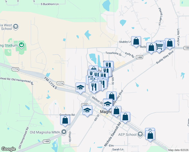 map of restaurants, bars, coffee shops, grocery stores, and more near 18544 Farm to Market Road 1488 in Magnolia