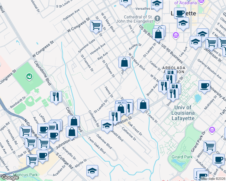 map of restaurants, bars, coffee shops, grocery stores, and more near 903 Saint Landry Street in Lafayette