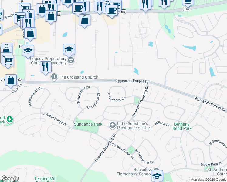 map of restaurants, bars, coffee shops, grocery stores, and more near 26 Almond Branch Place in Spring