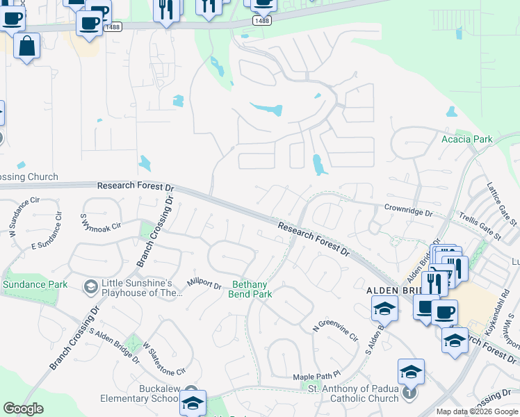 map of restaurants, bars, coffee shops, grocery stores, and more near 67 Eagle Mead Pl in Spring