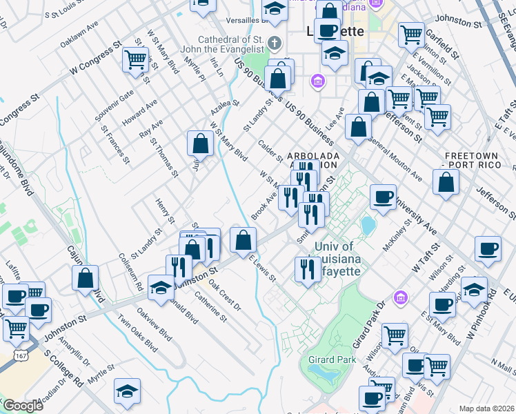 map of restaurants, bars, coffee shops, grocery stores, and more near 504 Brook Avenue in Lafayette