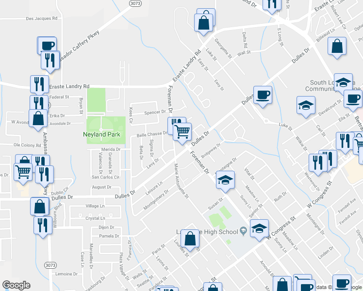 map of restaurants, bars, coffee shops, grocery stores, and more near 811 Foreman Drive in Lafayette