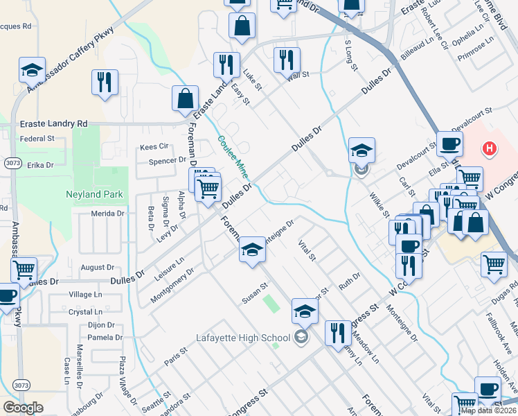 map of restaurants, bars, coffee shops, grocery stores, and more near 299 Bridgeway Drive in Lafayette