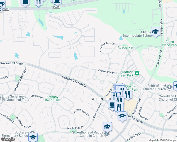 map of restaurants, bars, coffee shops, grocery stores, and more near 59 North Belfair Place in Spring