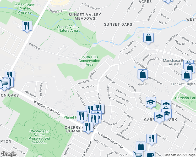 map of restaurants, bars, coffee shops, grocery stores, and more near 6305 Bexton Circle in Austin