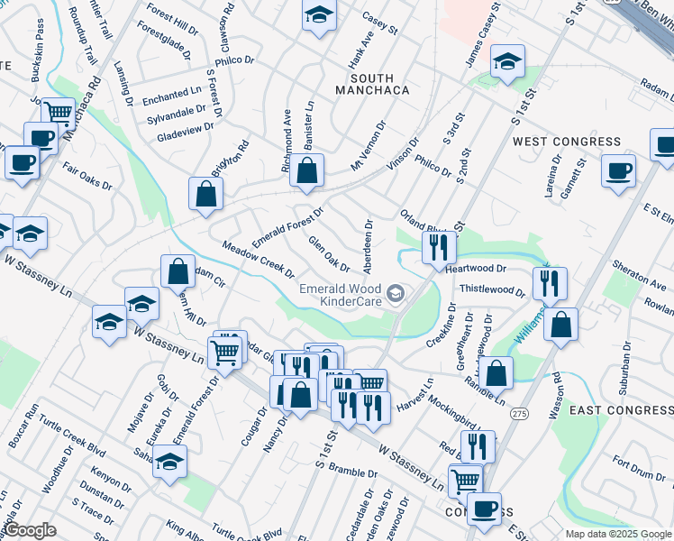map of restaurants, bars, coffee shops, grocery stores, and more near 813 Glen Oak Drive in Austin