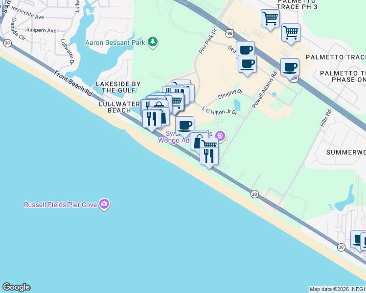 map of restaurants, bars, coffee shops, grocery stores, and more near 15817 Front Beach Road in Panama City Beach