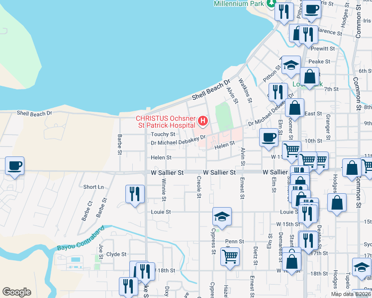 map of restaurants, bars, coffee shops, grocery stores, and more near Kennedy Street in Lake Charles