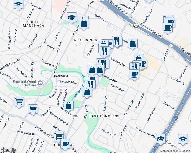 map of restaurants, bars, coffee shops, grocery stores, and more near 4722 South Congress Avenue in Austin