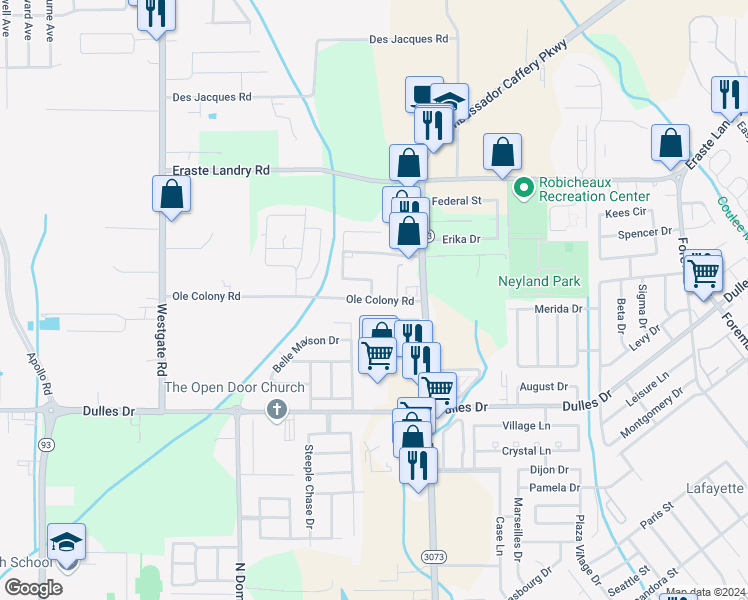 map of restaurants, bars, coffee shops, grocery stores, and more near 121 Ole Colony Road in Lafayette