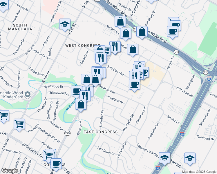map of restaurants, bars, coffee shops, grocery stores, and more near 4514 Lucksinger Lane in Austin