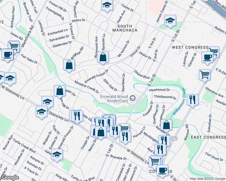 map of restaurants, bars, coffee shops, grocery stores, and more near 814 Emerald Wood Drive in Austin