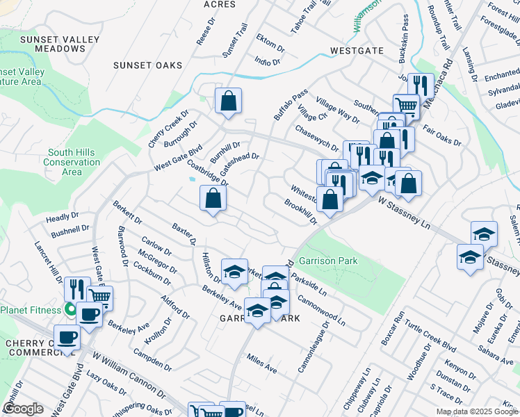 map of restaurants, bars, coffee shops, grocery stores, and more near 2305 Falcon Hill Drive in Austin