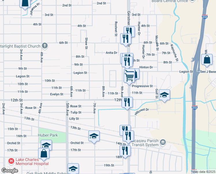 map of restaurants, bars, coffee shops, grocery stores, and more near 1827 Broadmoor Drive in Lake Charles