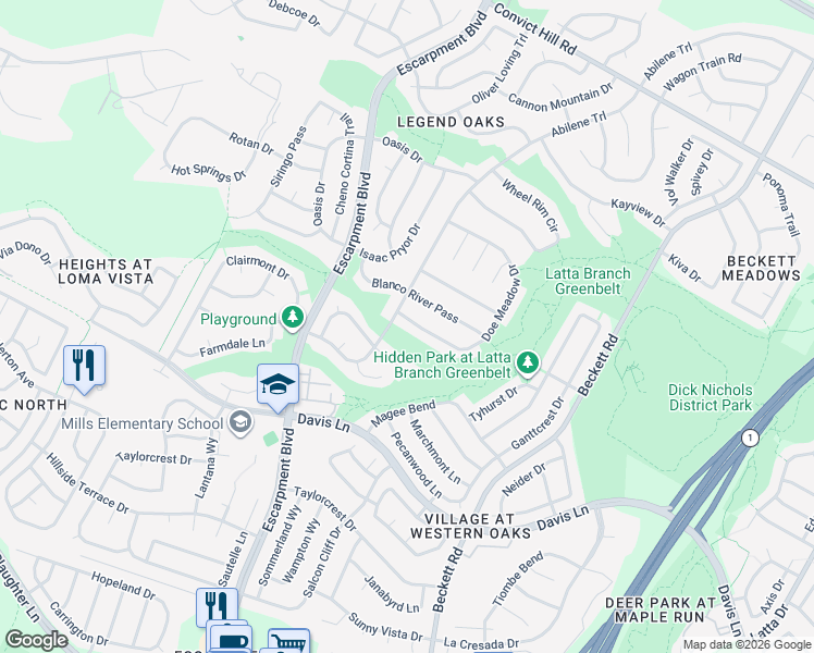 map of restaurants, bars, coffee shops, grocery stores, and more near 8337 Doe Meadow Drive in Austin