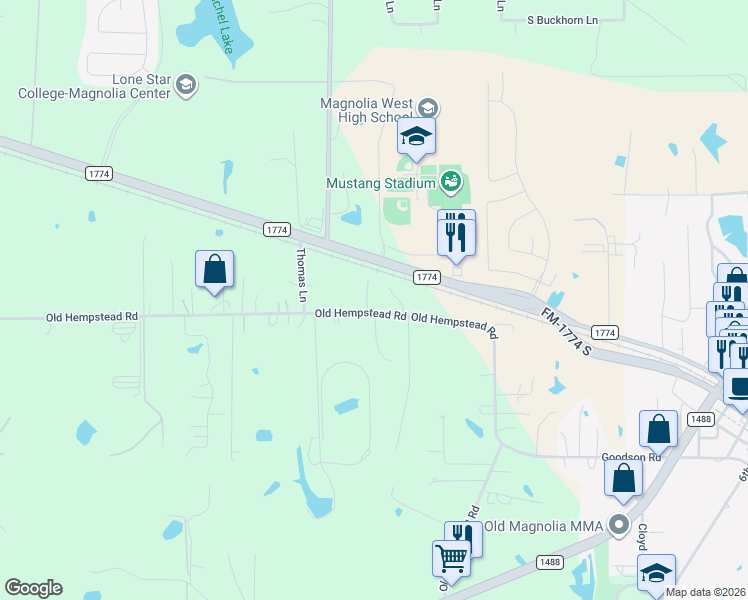 map of restaurants, bars, coffee shops, grocery stores, and more near 32602 Old Hempstead Road in Magnolia