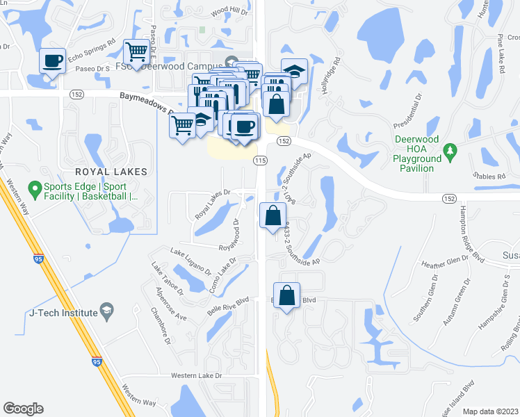 map of restaurants, bars, coffee shops, grocery stores, and more near 8420 Southside Boulevard in Jacksonville