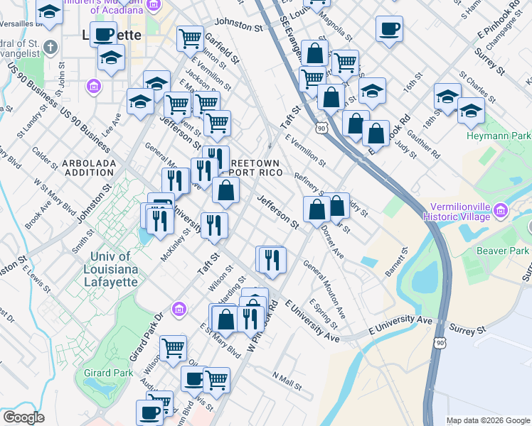 map of restaurants, bars, coffee shops, grocery stores, and more near 1912 Jefferson Street in Lafayette