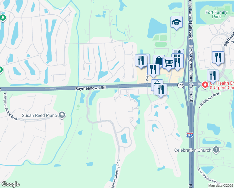 map of restaurants, bars, coffee shops, grocery stores, and more near 10550 Baymeadows Road in Jacksonville