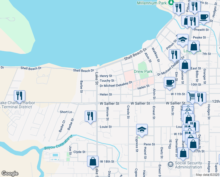 map of restaurants, bars, coffee shops, grocery stores, and more near 700 Helen St in Lake Charles