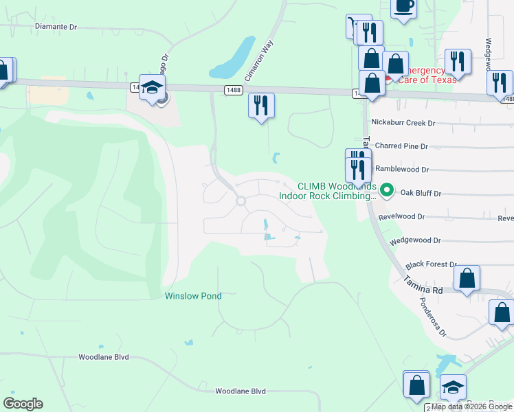 map of restaurants, bars, coffee shops, grocery stores, and more near 10043 Cimarron Canyon Lane in Magnolia