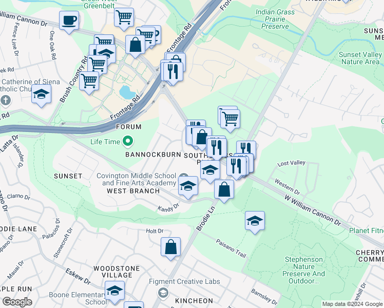 map of restaurants, bars, coffee shops, grocery stores, and more near 3706 Bannockburn Drive in Austin