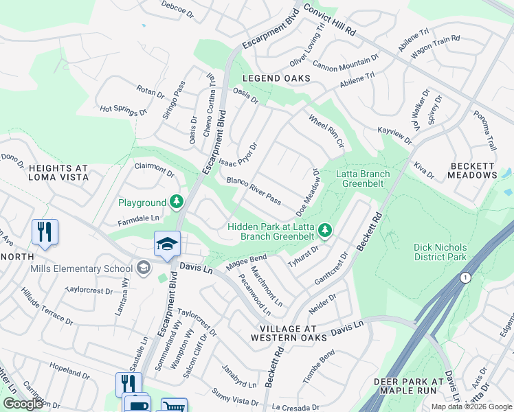 map of restaurants, bars, coffee shops, grocery stores, and more near 8337 Doe Meadow Drive in Austin