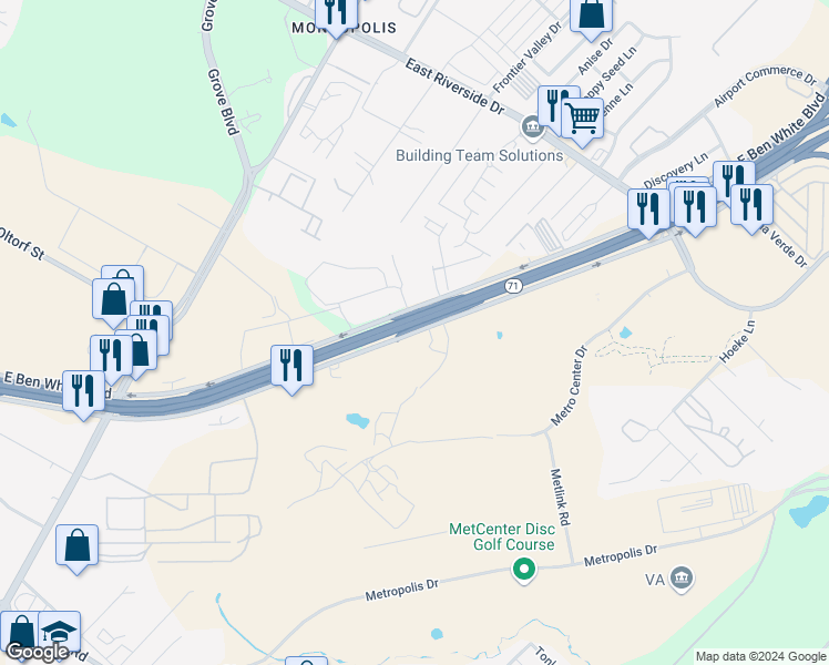 map of restaurants, bars, coffee shops, grocery stores, and more near 6941 East Ben White Boulevard in Austin