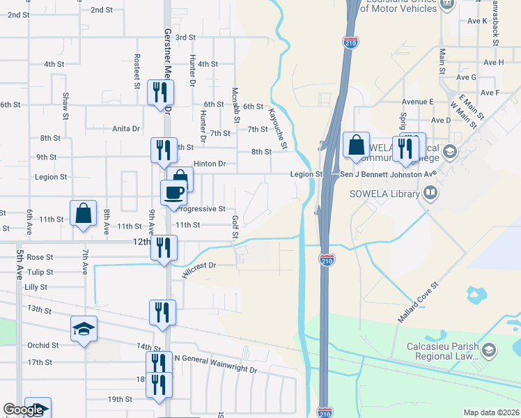map of restaurants, bars, coffee shops, grocery stores, and more near 418 Gelpi Dr in Lake Charles