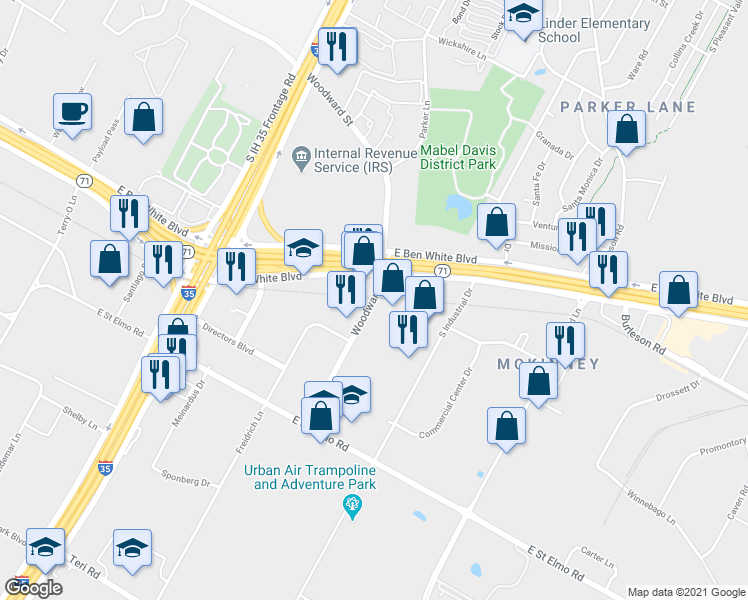 map of restaurants, bars, coffee shops, grocery stores, and more near 1712 Woodward St in Austin