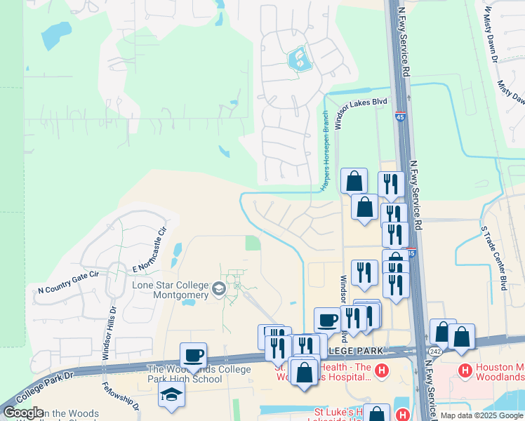 map of restaurants, bars, coffee shops, grocery stores, and more near 7 Fitzroy Place in Conroe