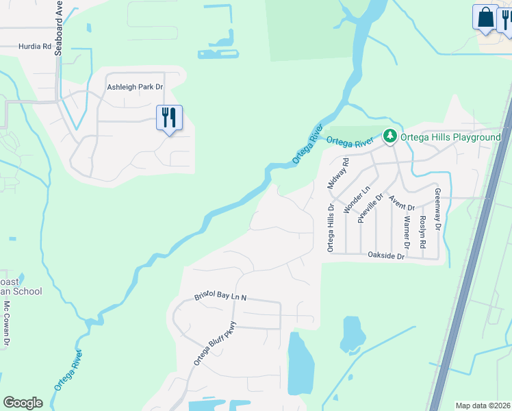 map of restaurants, bars, coffee shops, grocery stores, and more near 5518 Ortega Bluff Lane in Jacksonville