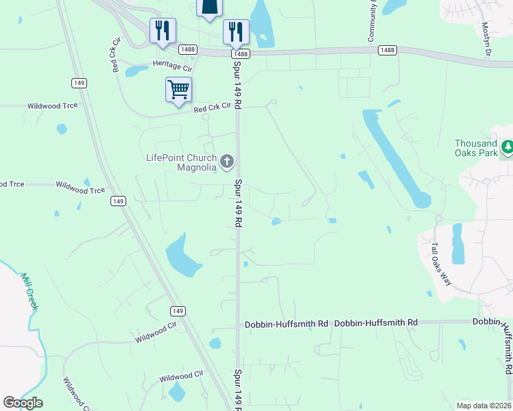 map of restaurants, bars, coffee shops, grocery stores, and more near 38215 Spur 149 Road in Magnolia