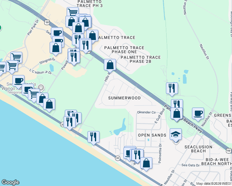 map of restaurants, bars, coffee shops, grocery stores, and more near 113 Sandalwood Lane in Panama City Beach